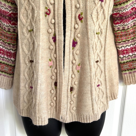 Derhy Cardigan Sweater ¾ Sleeve Hand Embroidered Wool Alpaca Cream Fair Isle - Picture 5 of 11